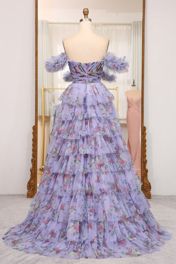 A-line Blue Printed Convertible Off the Shoulder Long Tiered Prom Dress