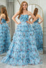Load image into Gallery viewer, Blue Printed A-line Convertible Off the Shoulder Long Tiered Prom Dress