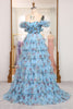 Load image into Gallery viewer, A-line Blue Printed Convertible Off the Shoulder Long Tiered Prom Dress