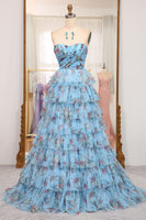 Load image into Gallery viewer, A-line Blue Printed Convertible Off the Shoulder Long Tiered Prom Dress