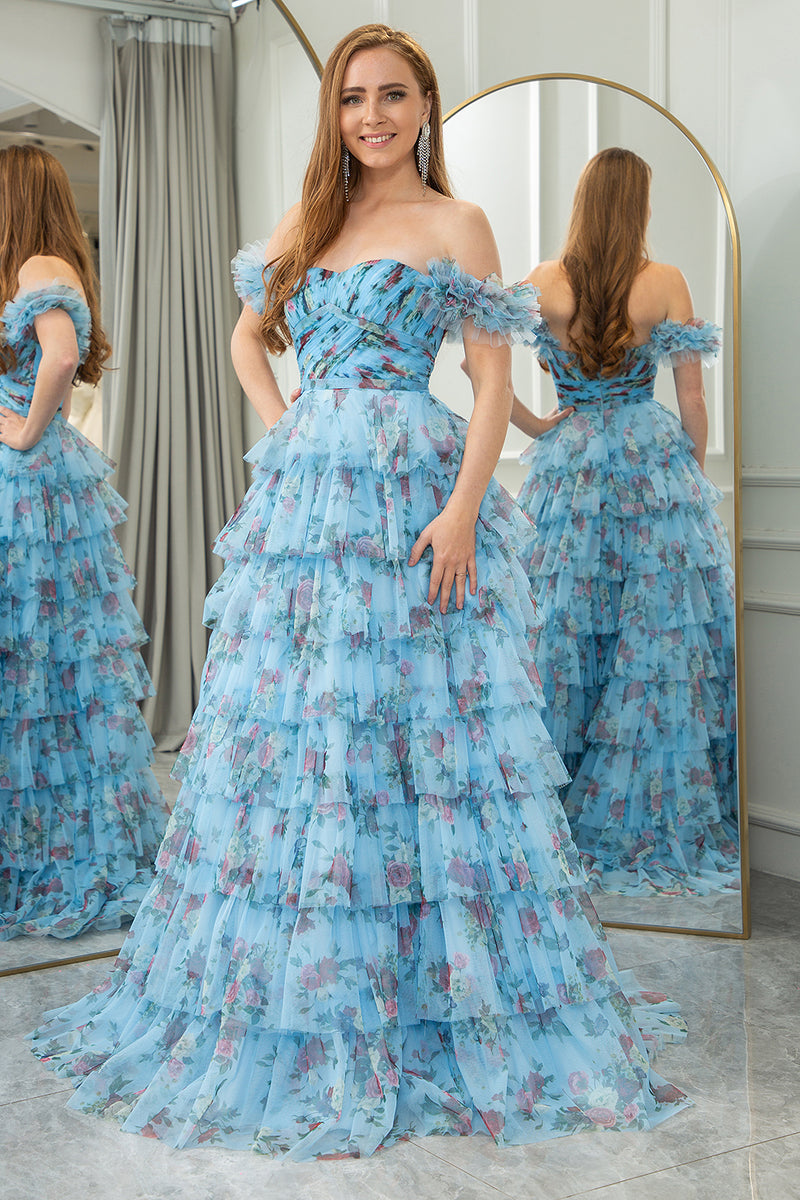 Load image into Gallery viewer, Blue Printed A-line Convertible Off the Shoulder Long Tiered Prom Dress