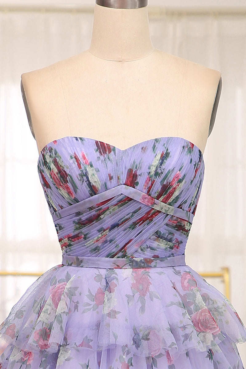 Load image into Gallery viewer, A-line Blue Printed Convertible Off the Shoulder Long Tiered Prom Dress