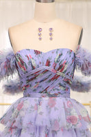 Load image into Gallery viewer, A-line Lavendar Printed Convertible Off the Shoulder Long Tiered Prom Dress