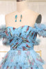 Load image into Gallery viewer, A-line Blue Printed Convertible Off the Shoulder Long Tiered Prom Dress