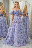 Load image into Gallery viewer, Blue Printed A-line Convertible Off the Shoulder Long Tiered Prom Dress