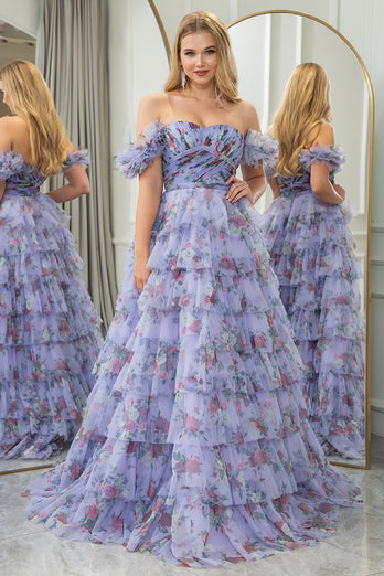 Blue Printed A-line Convertible Off the Shoulder Long Tiered Prom Dress