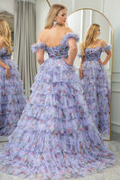 Load image into Gallery viewer, Lavendar Printed A-line Convertible Off the Shoulder Long Tiered Prom Dress