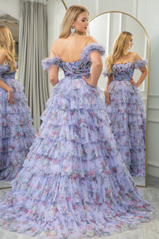 Lavendar Printed A-line Convertible Off the Shoulder Long Tiered Prom Dress