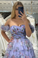 Load image into Gallery viewer, Lavendar Printed Convertible Off the Shoulder A-Line Long Tiered Prom Dress