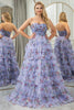 Load image into Gallery viewer, Blue Printed A-line Convertible Off the Shoulder Long Tiered Prom Dress