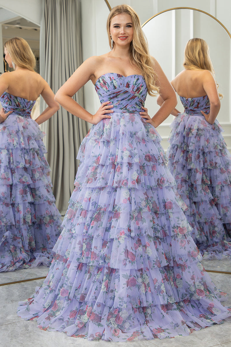 Load image into Gallery viewer, Blue Printed A-line Convertible Off the Shoulder Long Tiered Prom Dress