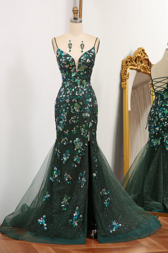 Dark Green Mermaid Spaghetti Straps Beaded Prom Dress With Split