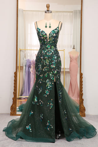 Dark Green Sparkly Mermaid Spaghetti Straps Beaded Prom Dress With Split