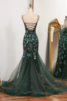 Dark Green Mermaid Spaghetti Straps Beaded Prom Dress With Split