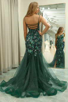 Dark Green Spaghetti Straps Mermaid Beaded Prom Dress With Split