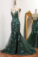 Load image into Gallery viewer, Dark Green Mermaid Spaghetti Straps Beaded Prom Dress With Split
