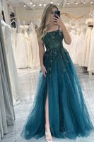 Load image into Gallery viewer, A-line Spaghetti Strap Dark Green Beaded Prom Dress with Appliques
