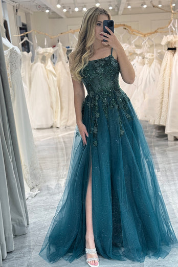 A-line Spaghetti Strap Dark Green Beaded Prom Dress with Appliques
