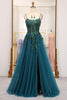 Load image into Gallery viewer, Dark Green Spaghetti Strap A-line Beaded Prom Dress with Appliques