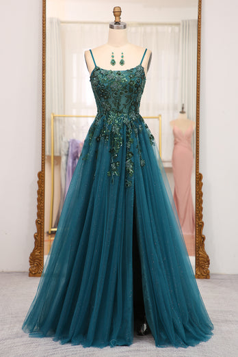 Dark Green Spaghetti Strap A-line Beaded Prom Dress with Appliques