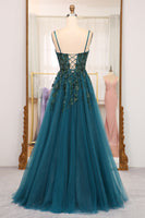 Load image into Gallery viewer, Dark Green Spaghetti Strap A-line Beaded Prom Dress with Appliques