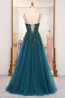 Dark Green Spaghetti Strap A-line Beaded Prom Dress with Appliques