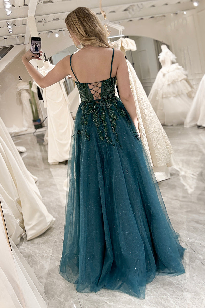 Load image into Gallery viewer, A-line Spaghetti Strap Dark Green Beaded Prom Dress with Appliques