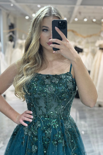 A-line Spaghetti Strap Dark Green Beaded Prom Dress with Appliques