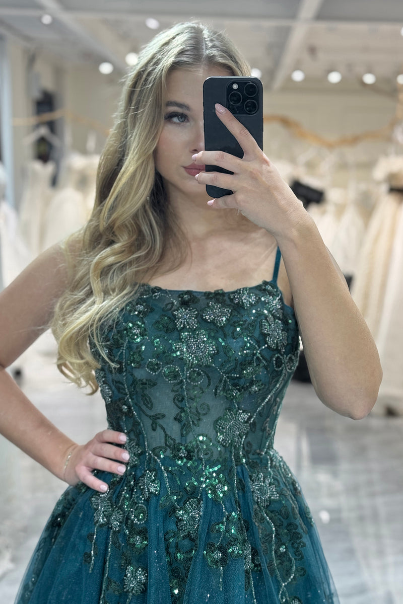 Load image into Gallery viewer, A-line Spaghetti Strap Dark Green Beaded Prom Dress with Appliques