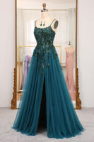 Load image into Gallery viewer, Dark Green Spaghetti Strap A-line Beaded Prom Dress with Appliques