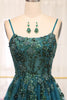Load image into Gallery viewer, Dark Green Spaghetti Strap A-line Beaded Prom Dress with Appliques
