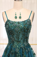 Load image into Gallery viewer, Dark Green Spaghetti Strap A-line Beaded Prom Dress with Appliques