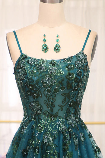 Dark Green Spaghetti Strap A-line Beaded Prom Dress with Appliques