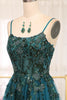 Load image into Gallery viewer, Dark Green Spaghetti Strap A-line Beaded Prom Dress with Appliques