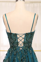 Load image into Gallery viewer, Dark Green Spaghetti Strap A-line Beaded Prom Dress with Appliques