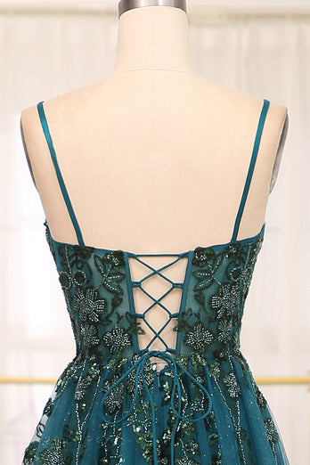 Dark Green Spaghetti Strap A-line Beaded Prom Dress with Appliques