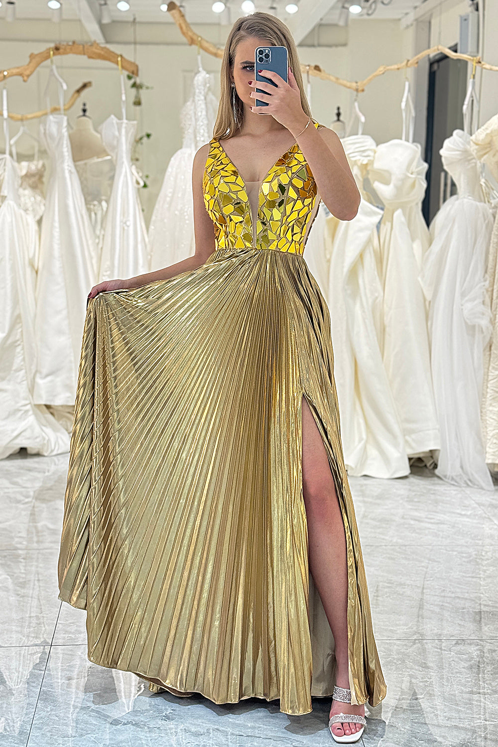 Golden A-line V-neck Long Pleated Prom Dress with Slit