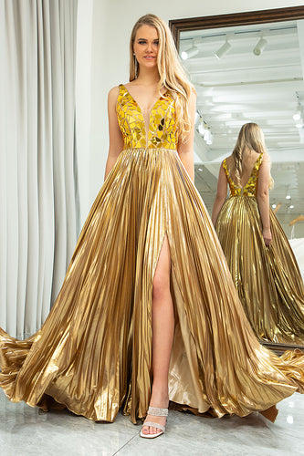 Sparkly A-line Golden V-neck Long Pleated Prom Dress with Slit