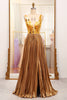 Load image into Gallery viewer, Sparkly Golden A-line V-neck Long Pleated Prom Dress with Slit