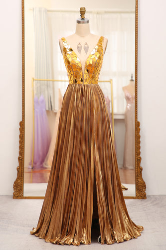 Sparkly Golden A-line V-neck Long Pleated Prom Dress with Slit