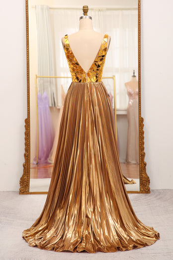 Sparkly Golden A-line V-neck Long Pleated Prom Dress with Slit