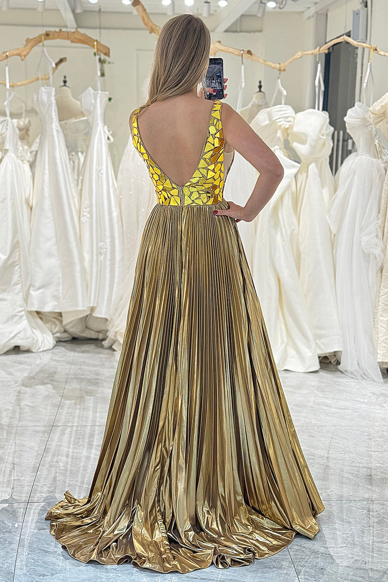 Load image into Gallery viewer, Golden A-line V-neck Long Pleated Prom Dress with Slit