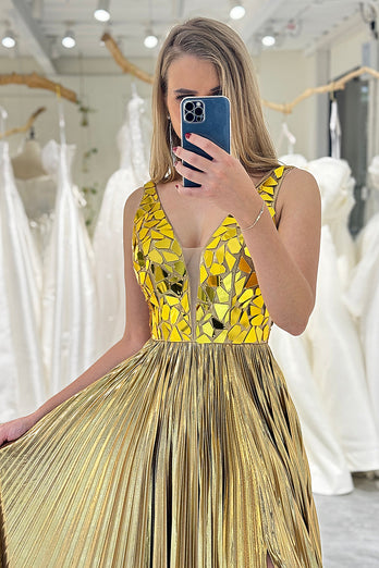 Golden A-line V-neck Long Pleated Prom Dress with Slit