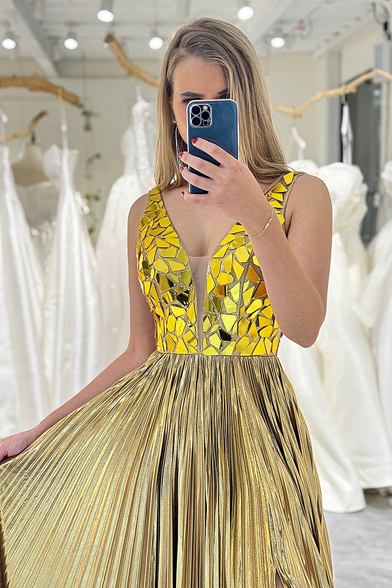 Load image into Gallery viewer, Golden A-line V-neck Long Pleated Prom Dress with Slit