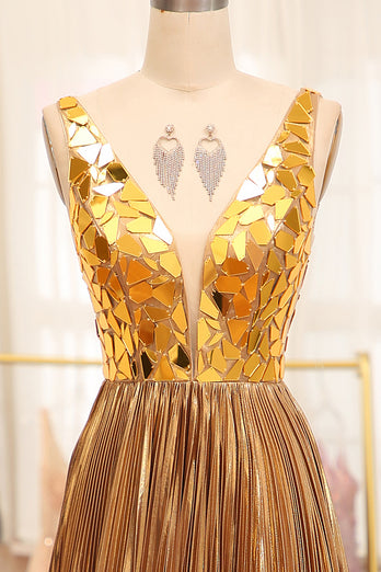 Sparkly Golden A-line V-neck Long Pleated Prom Dress with Slit