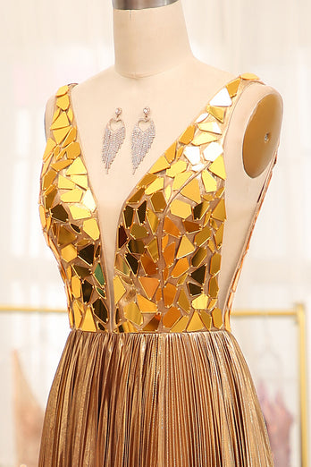 Sparkly Golden A-line V-neck Long Pleated Prom Dress with Slit