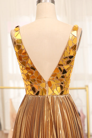 Sparkly Golden A-line V-neck Long Pleated Prom Dress with Slit