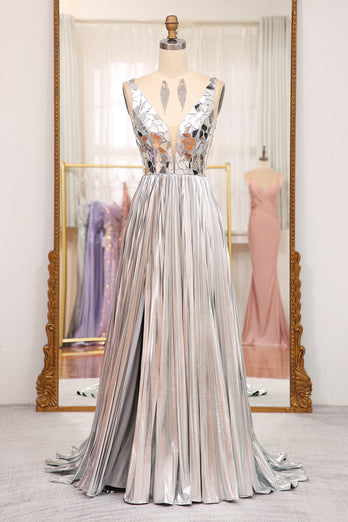Sparkly Golden A-line V-neck Long Pleated Prom Dress with Slit