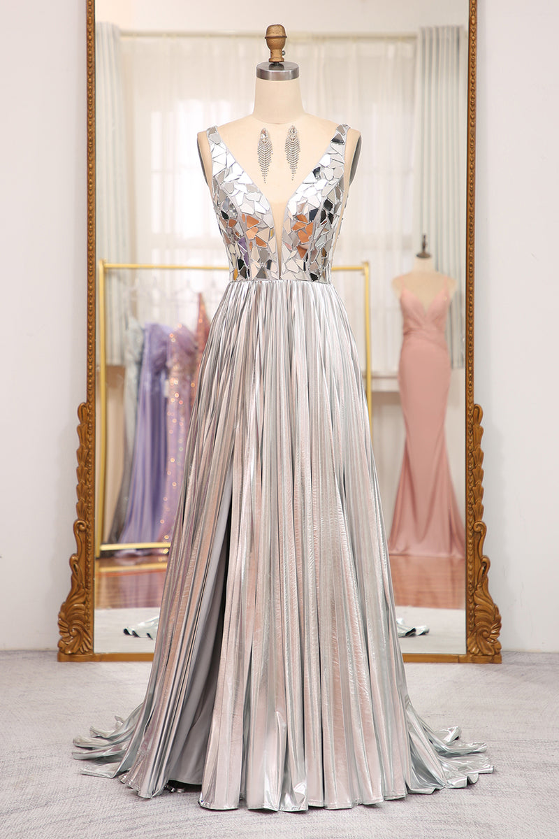 Load image into Gallery viewer, Sparkly Golden A-line V-neck Long Pleated Prom Dress with Slit