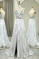 Load image into Gallery viewer, Silver A-line V-neck Long Pleated Corset Prom Dress with Slit